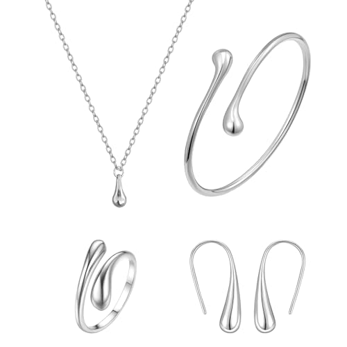 Wassertropfen SchmuckSet für Damen Versilbert Teardrop Halskette Tropfen Armreif Armband Drop Dangle Ohrringe Drop Einstellbare Offener Ring Geschenk für Frauen Geburtstag Weihnachten (Silber) von ZENGSING
