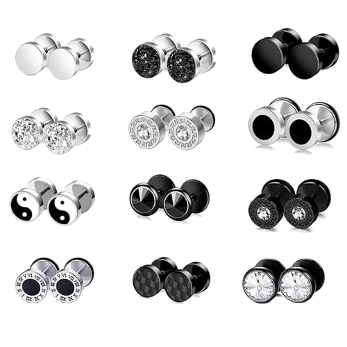 ZENGSING 12 Paar Herren Ohrringe Edelstahl Silber Schwarz Ohrstecker Set Fake Tunnel Ohrringe Set Herren Edelstahl Runde Hypoallergen Ohrstecker für Damen Männer 8MM von ZENGSING