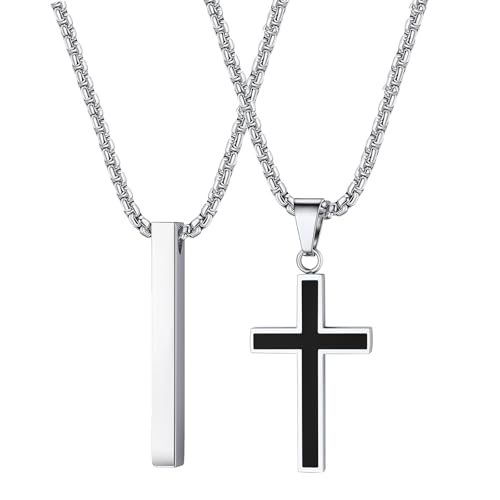 ZENGSING 2 Stücke Herren Halsketten Edelstahl. Halskette Quader Edelstahl und Kreuz Kette Herren Bar Anhänger Halskette Schwarz/Silber Kreuz Anhänger Kette (Runde+Silber) von ZENGSING