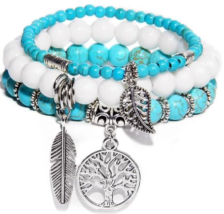 ZENGSING 3 Stück Edelsteine Stretch Armband, Naturstein Perlen Stretch-Armband, Edelstein Armbands, Damen Edelstein Armbands, Kristall Perlen Armbänder, Naturstein Armbänder Damen (Blau Türkis) von ZENGSING