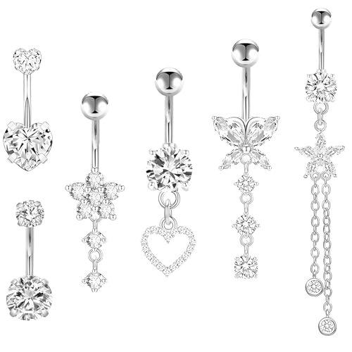 ZENGSING 6 Stück Bauchnabelpiercing 14G Edelstahl Piercing Bauchnabel 10mm Bauchpiercing Herz Schmetterling Bananabells Piercing Schmuck mit Kristallen Hängendes Bauchnabelpiercing Damen (Silber) von ZENGSING