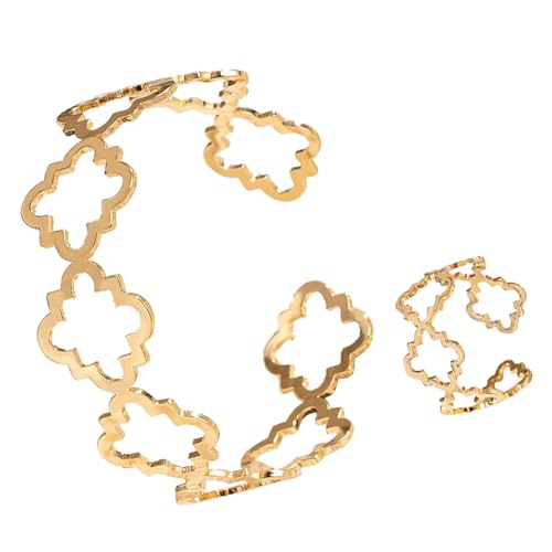 ZENGSING Breiter Damen Armspange, Vierblättriges Kleeblatt Armreif Armband, Gold offene Ringe, Verstellbare Schmuckset für Frauen Teenager MädchenBreiter Damen Armspange (Gold B) von ZENGSING