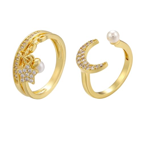 ZENGSING Damen Gold Silber Ringe Set Perlen Sonne Mond Ring Set mit Zirkonia Kristall 2 Stück Boho Fingerringe Stapelbare Ringe Set Damen Gold Silber Ring Geschenke für Damen Mädchen (Gold) von ZENGSING