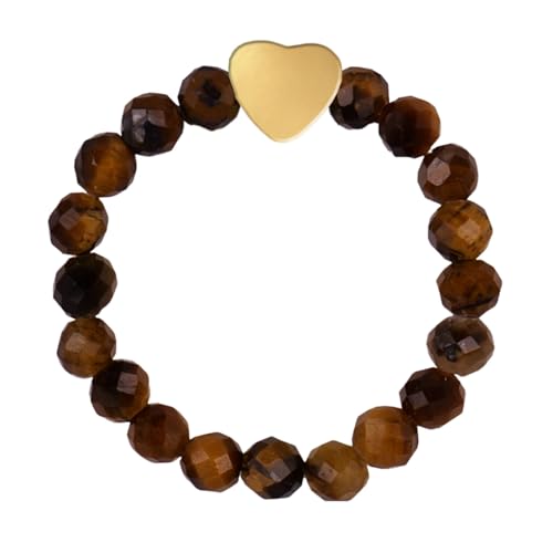 ZENGSING Elastischer Naturstein Ringe Echter Naturstein Ring mit Herz-Anhänger Edelstein Stretch Rings Perlen Ringe Damen Elastisch Perlen Rings Damen (Tiger Eye Stone) von ZENGSING