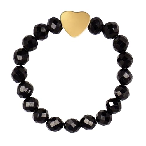 ZENGSING Elastischer Naturstein Ringe Echter Naturstein Ring mit Herz-Anhänger Edelstein Stretch Rings Perlen Ringe Damen Elastisch Perlen Rings Damen (Gold Obsidian) von ZENGSING