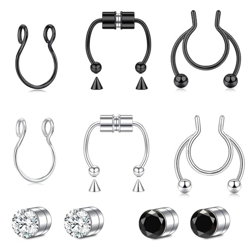 Fake Nose Ring, Edelstahl Nasenringe und magnetische Ohrringe, Hoop Nose Rings, Magnetic Septum Nose, Non-Pierced Clip On Nose Hoop Rings, No Piercing Septum Schmuck für Frauen Männer (Kombination) von ZENGSING