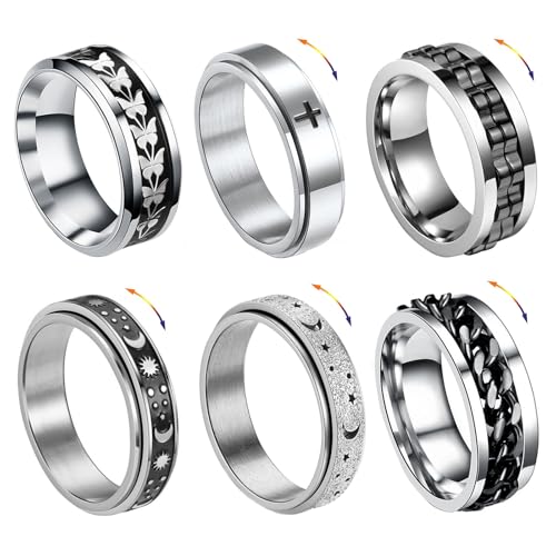 ZENGSING 6 Pcs Silber Spinner Ring Herren Fidget Spinner Ringe Edelstahl Fidget Band Ringe Männer Edelstahl Spinner Ring für Herren Damen (Größe 11) von ZENGSING
