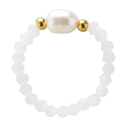ZENGSING Fidget Ring aus Naturstein Perlen für Damen Elastische Naturstein Verstellbare Ringe aus Kristall Stapelbar Ringe aus Perlen Elastisch Stretch Ring Damen Mädchen (Weiß) von ZENGSING