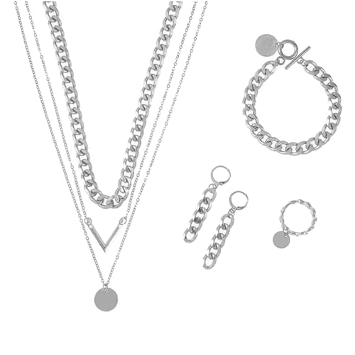 ZENGSING Gold/Silber Anhänger Halsketten Frauen Boho Armband Hoop Ohrringe Gold Ring Schmuck Set Frauen Boho Disc Halskette Cuban Armband Dangle Ohrringe für Frauen Mädchen Geschenke (Silber) von ZENGSING