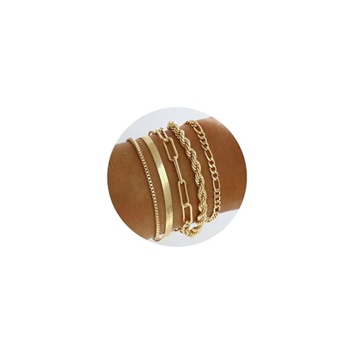 ZENGSING Gold-Armbänder für Frauen Damen Gold Stacking Armbänder Einstellbar Boho Geschichtet Zierliche Link Kette Armband Kette Kubanische Figaro Armbänder Set für Frauen (Set A 5 Stk) von ZENGSING