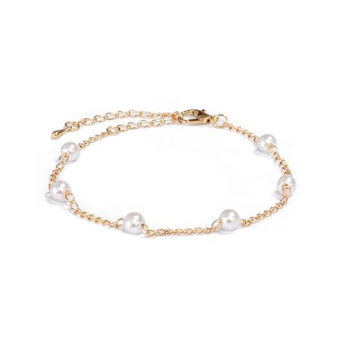 ZENGSING Gold Perlen Kette Damen Perlenarmband Damen Vergoldet Perlenschmuck Set Einstellbare Perlenkette Choker Halsketten Perlen Armband Goldschmuck Geschenke für Weihnachten (Armband 4mm) von ZENGSING
