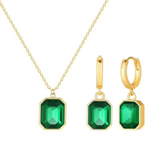 ZENGSING Gold Schmuckset für Damen Anhänger Halskette Ohrringe mit Kristallen Einstellbare Zirkonia Schmuck Haken Creolen Ohrringe Set für Frauen Mädchen Geschenk (Grün) von ZENGSING