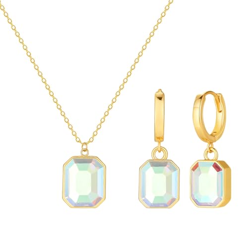 Gold Schmuckset für Damen Anhänger Halskette Ohrringe mit Kristallen Einstellbare Zirkonia Schmuck Haken Creolen Ohrringe Set für Frauen Mädchen Geschenk (Opal) von ZENGSING