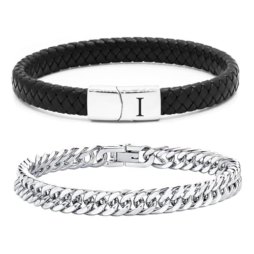 ZENGSING Herren Armband Edelstahl Armbänder Lederarmband Herren Armband mit Buchstaben Edelstahl Gravur 2 Stücke Herrenarmbänder Kubanische Armband Leder Armband mit Magnetverschluss Geschenke (I) von ZENGSING