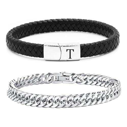 ZENGSING Herren Armband Edelstahl Armbänder Lederarmband Herren Armband mit Buchstaben Edelstahl Gravur 2 Stücke Herrenarmbänder Kubanische Armband Leder Armband mit Magnetverschluss Geschenke (T) von ZENGSING