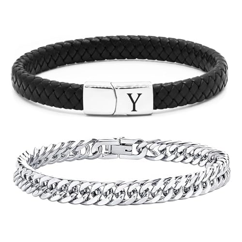 ZENGSING Herren Armband Edelstahl Armbänder Lederarmband Herren Armband mit Buchstaben Edelstahl Gravur 2 Stücke Herrenarmbänder Kubanische Armband Leder Armband mit Magnetverschluss Geschenke (Y) von ZENGSING