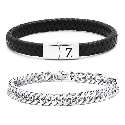 ZENGSING Herren Armband Edelstahl Armbänder Lederarmband Herren Armband mit Buchstaben Edelstahl Gravur 2 Stücke Herrenarmbänder Kubanische Armband Leder Armband mit Magnetverschluss Geschenke (Z) von ZENGSING