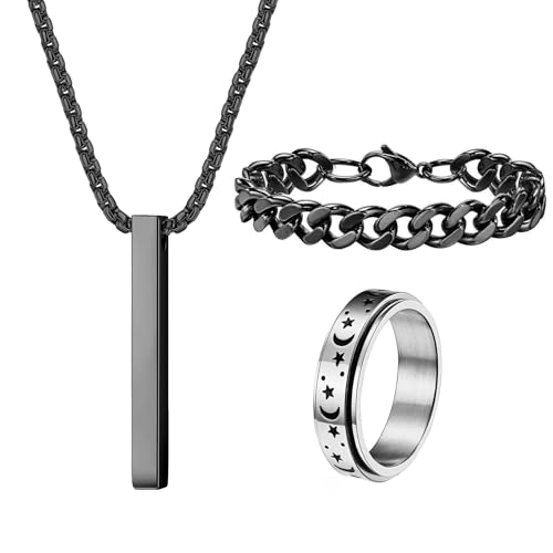 ZENGSING Herren Halsketten Edelstahl Quader Kette 3 Pcs Bar Anhänger Halskette Set Silber/Schwarz Bar Anhänger Halskette mit Armband und Ring Halskette Quader für Männer Frauen (Schwarz) von ZENGSING