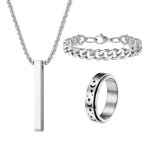 ZENGSING Herren Halsketten Edelstahl Quader Kette 3 Pcs Bar Anhänger Halskette Set Silber/Schwarz Bar Anhänger Halskette mit Armband und Ring Halskette Quader für Männer Frauen (Silber) von ZENGSING