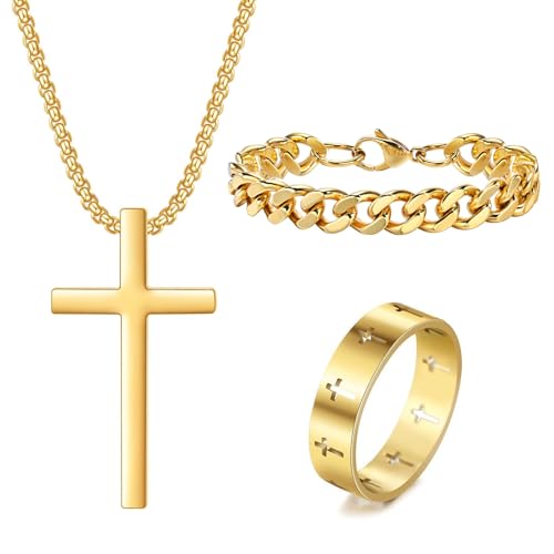 Kreuzkette Herren Edelstahl Herrenarmbänder Edelstahl Herren Ringe Set Silber Gold Schwarz Schmuck Herren Damen Kreuz Anhänger Kette Kettenarmband Ketten Ringe Schmuck für Männer (Gold Satz A) von ZENGSING