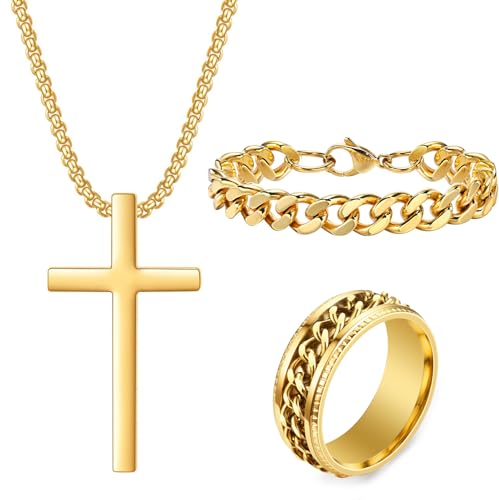 Kreuzkette Herren Edelstahl Herrenarmbänder Edelstahl Herren Ringe Set Silber Gold Schwarz Schmuck Herren Damen Kreuz Anhänger Kette Kettenarmband Ketten Ringe Schmuck für Männer (Gold Satz B) von ZENGSING