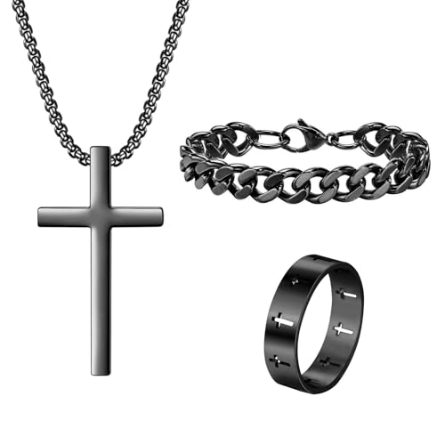 Kreuzkette Herren Edelstahl Herrenarmbänder Edelstahl Herren Ringe Set Silber Gold Schwarz Schmuck Herren Damen Kreuz Anhänger Kette Kettenarmband Ketten Ringe Schmuck für Männer (Schwarz Set A) von ZENGSING