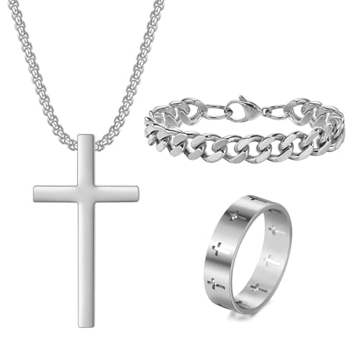 Kreuzkette Herren Edelstahl Herrenarmbänder Edelstahl Herren Ringe Set Silber Gold Schwarz Schmuck Herren Damen Kreuz Anhänger Kette Kettenarmband Ketten Ringe Schmuck für Männer (Silber Satz A) von ZENGSING