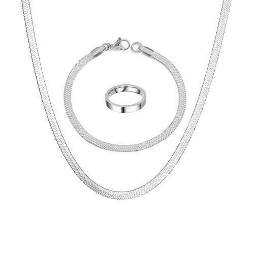 Kette Herren Schlange Silber Halskette Silber Herren Edelstahl Armband Ringe Kette aus Edelstahl Männerschmuck Set Silber Kette Halskette Armband Vintage Ring Schmuck Geschenke für Männer Teen von ZENGSING