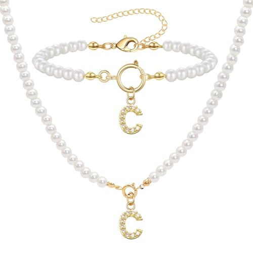 ZENGSING Initialen Perlenkette Halskette Armbänder Set Damen Perlenschmuck Set für Frauen Einstellbare A-Z Capital Initial Anhänger Perlenketten Perlenarmband mit Initial Geschenke für Frauen (C) von ZENGSING