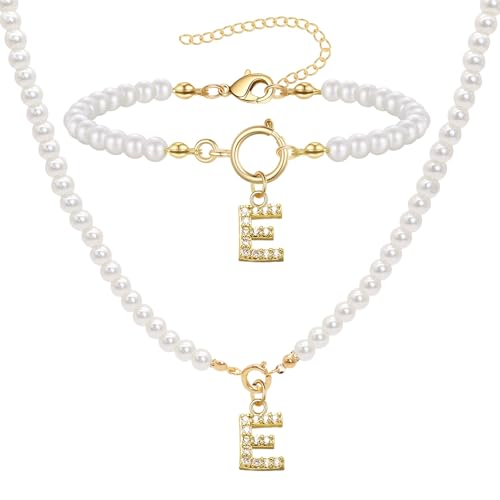 ZENGSING Initialen Perlenkette Halskette Armbänder Set Damen Perlenschmuck Set für Frauen Einstellbare A-Z Capital Initial Anhänger Perlenketten Perlenarmband mit Initial Geschenke für Frauen (E) von ZENGSING
