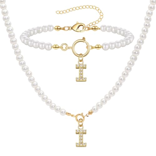 ZENGSING Initialen Perlenkette Halskette Armbänder Set Damen Perlenschmuck Set für Frauen Einstellbare A-Z Capital Initial Anhänger Perlenketten Perlenarmband mit Initial Geschenke für Frauen (I) von ZENGSING