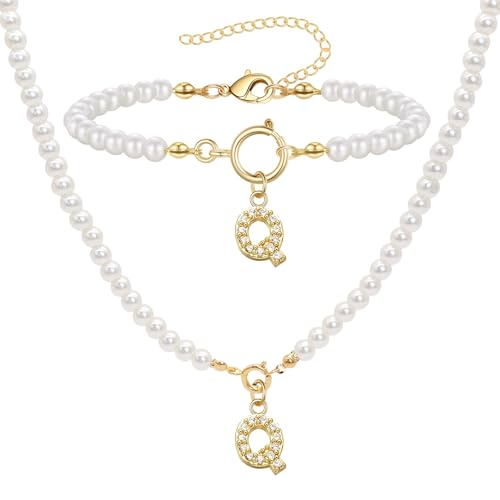 ZENGSING Initialen Perlenkette Halskette Armbänder Set Damen Perlenschmuck Set für Frauen Einstellbare A-Z Capital Initial Anhänger Perlenketten Perlenarmband mit Initial Geschenke für Frauen (Q) von ZENGSING