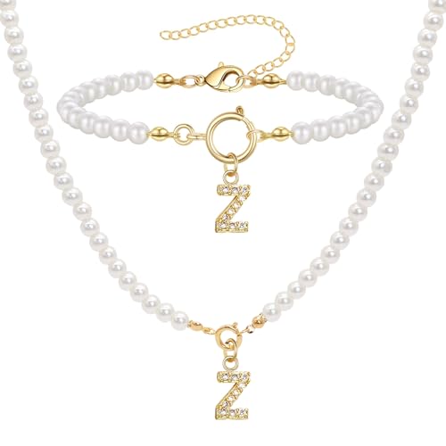 ZENGSING Initialen Perlenkette Halskette Armbänder Set Damen Perlenschmuck Set für Frauen Einstellbare A-Z Capital Initial Anhänger Perlenketten Perlenarmband mit Initial Geschenke für Frauen (Z) von ZENGSING