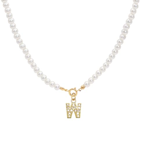 ZENGSING Initialen Perlenkette Halskette Damen Initial Anhänger Halskette für Frauen Einstellbare A-Z Capital Initial Anhänger Perlenketten mit Buchstaben-Anhänger Weihnachtsgeschenke für Frauen (W) von ZENGSING