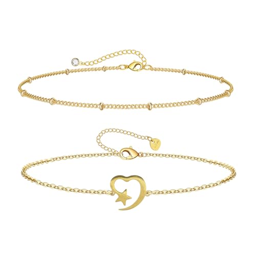 ZENGSING Ketten Armbander für Damen 2 Stück Armband Damen Gold Vergoldet Armkette Edelstahl Ketten Armbänder Verstellbar Armbander Set Frauen Sternenkette Herz-Anhängern Freundin Geschenk (Set B) von ZENGSING