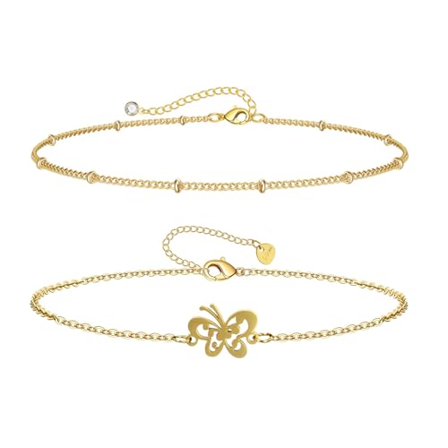 ZENGSING Ketten Armbander für Damen 2 Stück Armband Damen Gold Vergoldet Armkette Edelstahl Ketten Armbänder Verstellbar Armbander Set Frauen Sternenkette Herz-Anhängern Freundin Geschenk (Set C) von ZENGSING