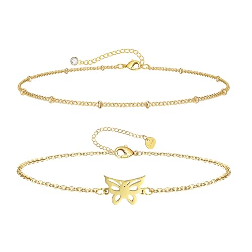 ZENGSING Ketten Armbander für Damen 2 Stück Armband Damen Gold Vergoldet Armkette Edelstahl Ketten Armbänder Verstellbar Armbander Set Frauen Sternenkette Herz-Anhängern Freundin Geschenk (Set F) von ZENGSING