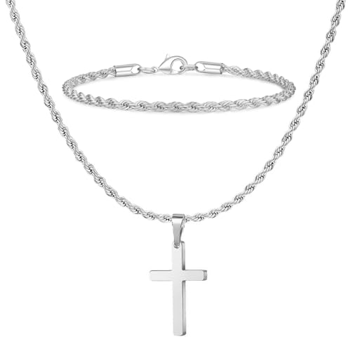 ZENGSING Kreuzkette Herren Silber Gold Edelstahl Armband mit Karabiner Verschluss Herren Halskette Armband Set Kette mit Kreuz Anhänger Kettenarmband Herren Schmuck set Geschenke für Männer (Silber) von ZENGSING