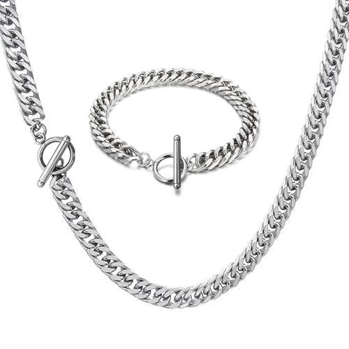 ZENGSING Kubanische Kette Herren Halskette Kubanische Silber Armband Edelstahl Kette Halskette und Armband Set Herren Kubanische Kette für Männer Kubanische Kette Schmuck für Männer (60cm+21cm) von ZENGSING