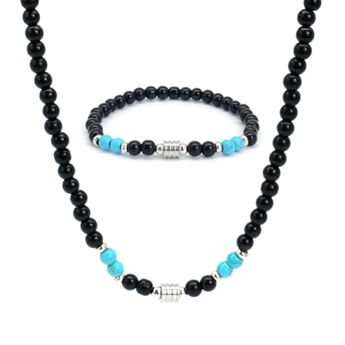 ZENGSING Naturstein Armband Halskette Set Herren Elastische Kugelarmband Schwarz Kristall Perlen Armband Einstellbare Schwarze Onyx Perlenkette für Männer Frauen Geschenke (Blau-Türkis) von ZENGSING