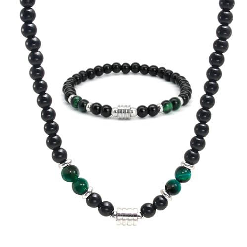 ZENGSING Naturstein Armband Halskette Set Herren Elastische Kugelarmband Schwarz Kristall Perlen Armband Einstellbare Schwarze Onyx Perlenkette für Männer Frauen Geschenke (Grün) von ZENGSING