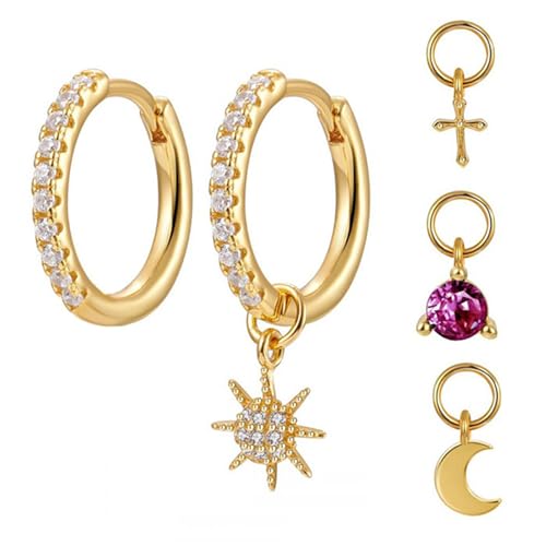 ZENGSING Ohrringe Creolen Damen Ohrringe Silber/Gold S925 Klein Creolen Ohrringe mit 4 Stück Anhänger Zirkonia Klein Creolen Ohrringe Creolen für Mädchen Kinder Damen (Gold) von ZENGSING
