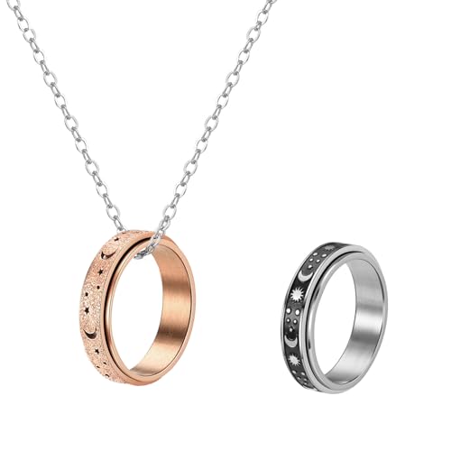 ZENGSING Paar Halskette mit Ring Anhänger, 2 Stück Edelstahl Spinner Ringe mit Kette Spinner Ring Kette Herren Ring Partner-Anhänger Halskette Edelstahl Partnerkette für Damen Herren (70CM) von ZENGSING