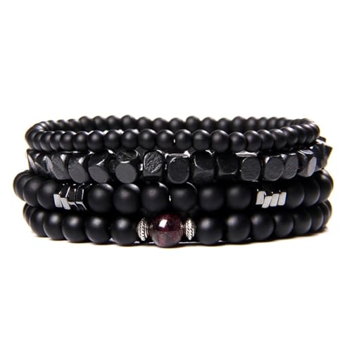 ZENGSING Perlenarmbänder Set Herren 8MM Naturstein Armband Set Elastische Lavastein Kugelarmband Stretch Weiß Türkis Handgefertigt Schwarz Kristall Perlen Armband für Männer Geschenke (Satz C) von ZENGSING