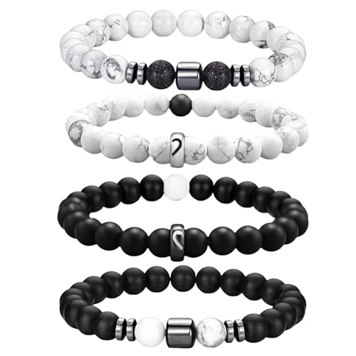 ZENGSING Perlenarmband Herren 4 Stücke 8 mm Perlenarmbänder Set Armbänder für Herren Set Partner Geschenke für Beide Naturstein Stretch-Armbänder Herren Schwarzes Kristall-Perlenarmband (Weiß-Türkis) von ZENGSING