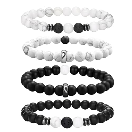 ZENGSING Perlenarmband Herren 4 Stücke 8 mm Perlenarmbänder Set Armbänder für Herren Set Partner Geschenke für Beide Naturstein Stretch-Armbänder Herren Schwarzes Kristall-Perlenarmband (Howlith) von ZENGSING