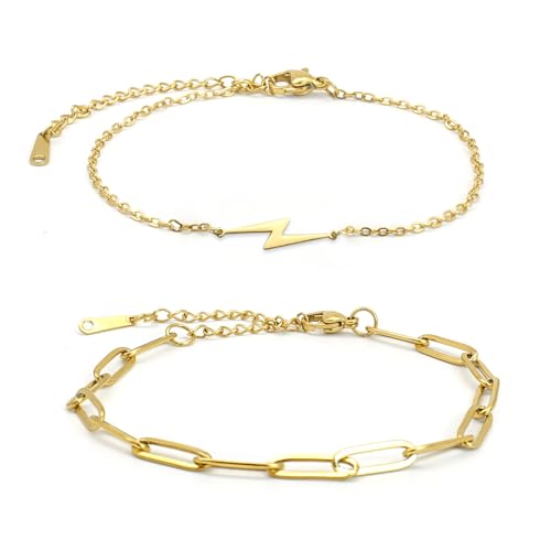 ZENGSING Silber Gold Armbänder Damen 2 Stück Gold Silber Edelstahl Stacking Armbänder Einstellbare Kreuz Armband Stern Mond Armband Link Charme Armbänder Set für Frauen (Gold B) von ZENGSING