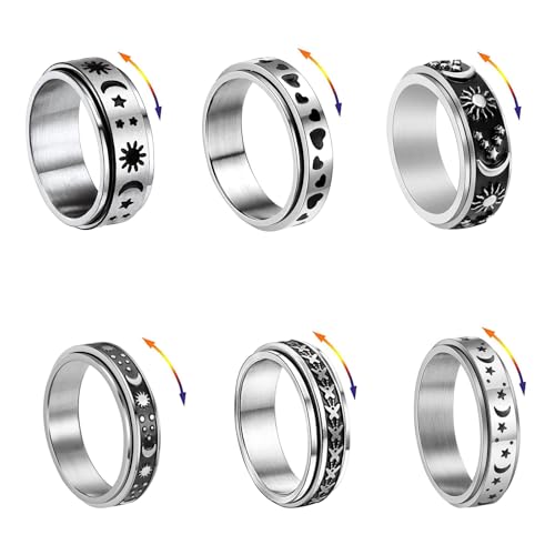 Spinner Ringe 6 Stück Fidget Band Ringe Edelstahl Roller Ringe Silber Schwarz Drehbarer Ringe Vintage Ring für Damen Herren Ring Set Geschenke für Geburtstag Weihnachten (Größe 6: 1,65 cm) von ZENGSING
