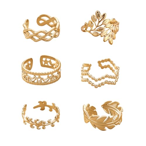 6 Stück Edelstahl Knuckle Ring Set Chunky Verstellbare Ringe Golden Breiter Goldener Boho Edelstahl Ring Gold Vintage Midi Fingerring Offene Stapelbare Ringe für Damen (Gold) von ZENGSING