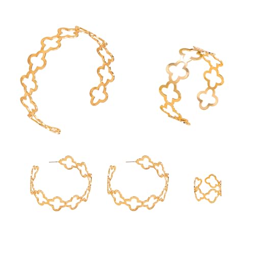 ZENGSING Vierblättriges Kleeblatt Schmuckset für Damen und Mädchen, Gold Anhänger Ohrstecker Ringe Armreif Armband Kettenarmband Set, Geschenke zum Muttertag Geburtstag Weihnachten (4 Stück(B)) von ZENGSING
